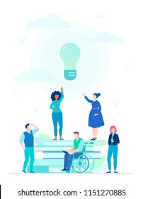 Bright idea - flat design style illustration on white background. A composition with international business team, books, big lightbulb. Disabled person working with a laptop. Inspiration concept