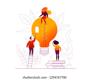 Bright idea - flat design style colorful illustration on white background. High quality composition with cute characters and big lightbulb, linear elements, leaves, books, ladder. Inspiration theme