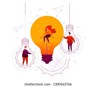 Bright idea - flat design style colorful illustration on white background. High quality composition with cute characters, male, female colleagues inside lightbulbs, linear elements. Creativity theme
