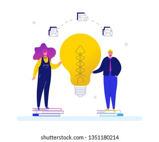 Bright idea - flat design style colorful illustration on white background. High quality composition with cute characters holding a big lightbulb, linear elements, books, emails. Inspiration theme