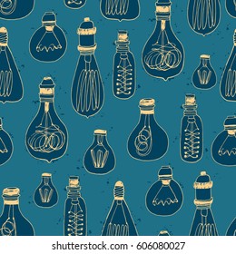 Bright idea. Hand drawn vintage lightbulbs for your design. Seamless vector pattern