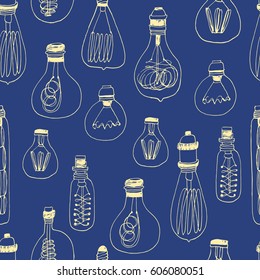 Bright Idea. Hand Drawn Vintage Lightbulbs For Your Design. Seamless Vector Pattern