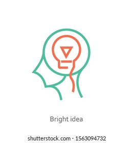 Bright idea icon concept with glowing light bulb inside in the drawing of human brain isolated on white  background, vector and illustration.