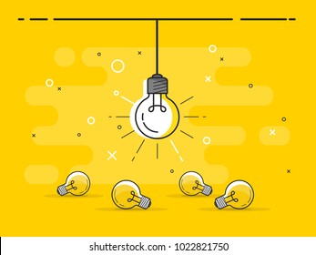 Bright idea and insight concept with light bulb. Trendy flat vector light bulb icons with concept of idea on yellow background.