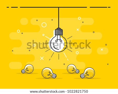 Bright idea and insight concept with light bulb. Trendy flat vector light bulb icons with concept of idea on yellow background.
