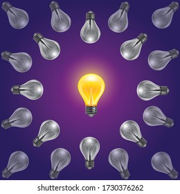 Bright idea and insight concept with yellow light bulb. Symbol of creativity, visions, ideas, inspiration and motivation. Eps10 illustration