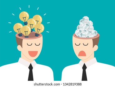 Bright idea and junk idea in businessmen head. Business idea concept vector illustration