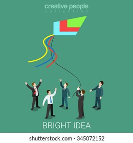 Bright idea kite running flat 3d isometry isometric prophecy and fate business concept web vector illustration. Creative people collection.