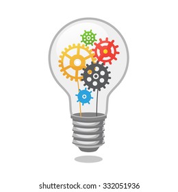 Bright idea light bulb with cogs. Flat style vector illustration isolated on white background.