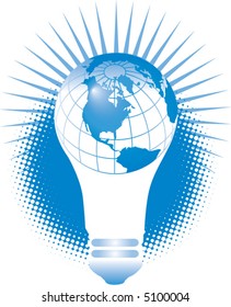 A bright idea light bulb has the planet earth superimposed on it creating a globe effect