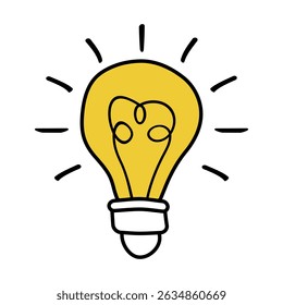 Bright Idea Light Bulb Vector Illustration. A stylized yellow light bulb with bold black outlines and radiating light beams, symbolizing creativity, innovation and bright ideas.