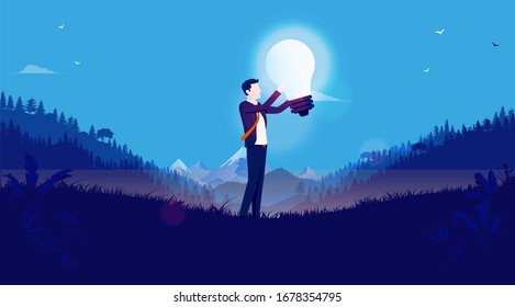 Bright idea - Man holding a big glowing lightbulb outdoors in nature. Big ideas, business strategy and creativity concept. Vector illustration.