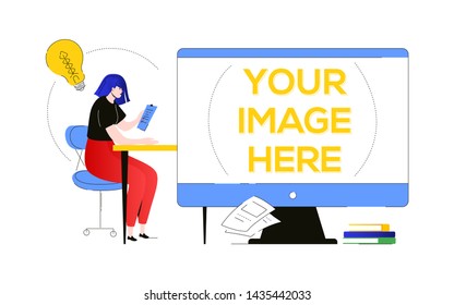 Bright idea - modern flat design style illustration on white background. A composition with a girl sitting at the desk, looking at a check list, a lightbulb. A place for your image on computer screen