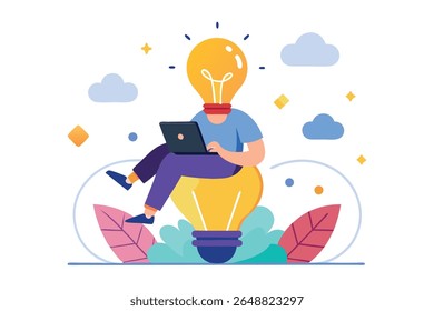 Bright Idea: Person with Lightbulb Head Working on Laptop, Flat Design Illustration