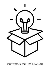 Bright idea pops out of box. Inspiration icon or out of the box idea with light bulb on transparent background

