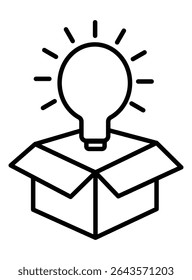 Bright idea pops out of box. Inspiration icon or out of the box idea with light bulb on transparent background
