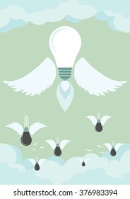 Bright idea rises above fail, bad ideas are falling down, vector illustration. Business concept.