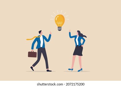 Bright idea to solve problem, business team brainstorm or thinking about new innovative idea, creativity or imagination concept, businessman and businesswoman thinking with bright lightbulb idea.