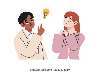 Bright idea to solve problem, business team brainstorm or thinking about new innovative idea, creativity or imagination concept, businessman and businesswoman thinking with bright lightbulb idea. Flat