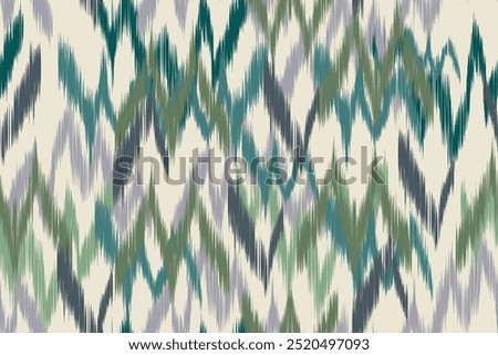 
Bright ikat pattern with green, teal and grey zigzag elements on a cream background. Perfect for ethnic fabric designs, wallpapers and bohemian fashion prints in traditional style.