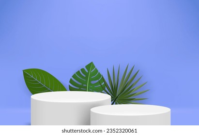 Bright illuminated blue interior with two white podiums and leaves. Eco friendly product showcase template. 3d vector background