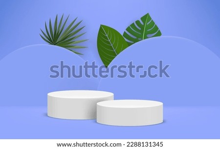 Bright illuminated blue interior with two white podiums and leaves. Eco friendly product showcase template. 3d vector background