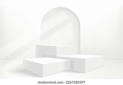 Bright illuminated room with portal and podium. Showcase  template. 3d vector background