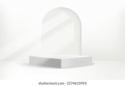 Bright illuminated room with portal and podium. Showcase  template. 3d vector background