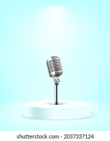 Bright illuminated round stage with microphone. Microphone on a podium vector illumination