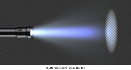 Bright illumination from a realistic handheld flashlight, isolated on a dark background. Vector 3D illustration.