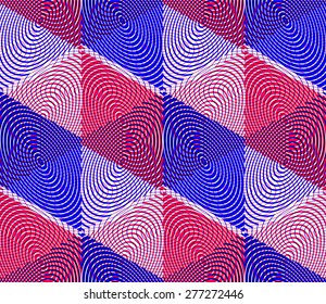 Bright illusory abstract geometric seamless pattern with 3d geometric figures. Vector transparent superimpose backdrop.