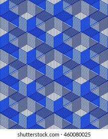Bright illusory abstract geometric seamless pattern with 3d geometric figures. Vector transparent superimpose backdrop.