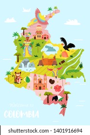 Helle illustrierte Karte Kolumbiens mit Symbolen, Symbolen, berühmten Zielen, Attraktionen. Für Reiseführer, Banner, Poster
