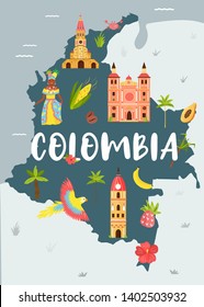 Bright illustrated map of Colombia with symbols, icons, famous destinations, attractions. For travel guides, banners, posters