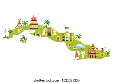 Bright illustrated map of Cuba with symbols, icons, famous destinations, attractions. For travel guides, banners, posters