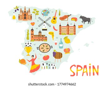 Bright illustrated map of Spain with symbols, icons, famous destinations, attractions. For travel guides, banners, posters