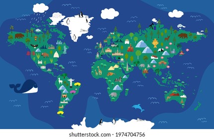 Bright illustrated map of the world with cartoon animals, landmarks for kids.  continents, animals, plants for preschoolers, schoolchildren, home schooling.