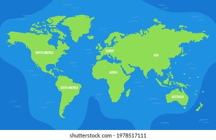 Bright illustrated map of the world with continents for preschoolers, schoolchildren, home schooling. Some vawes on the ocean