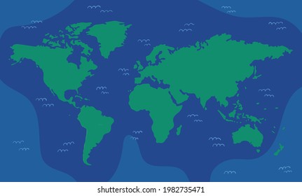 Bright illustrated map of the world with continents for preschoolers, schoolchildren, home schooling. Some vawes on the ocean