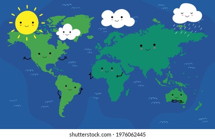 Bright illustrated map of the world with kawaii cute continents, sun, clouds for preschoolers, schoolchildren, home schooling. Some vawes on the ocean. Funny faces