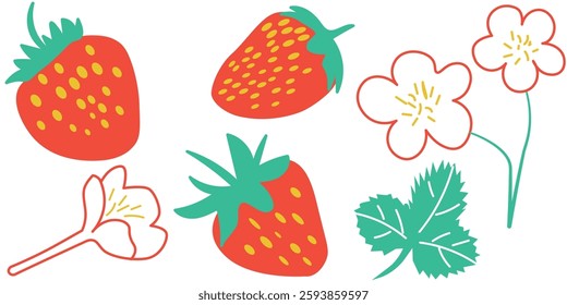Bright Illustrated Strawberries With Flowers and Leaves on White Background. Vibrant illustration showcasing strawberries, white flowers, and green leaves. The artistic design evokes freshness, nature