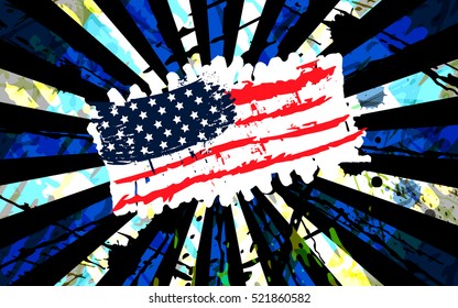 Bright Illustration of an American flag. Grunge style. Horizontal Template for design poster, banner.  EPS file is layered.