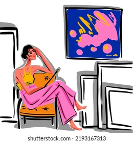 Bright illustration of an artist girl who sits in an armchair and looks at her painting. Colorful print for any purposes.