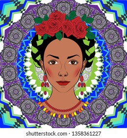 bright illustration of a beautiful girl with a traditional Mexican hairstyle on a bright openwork background