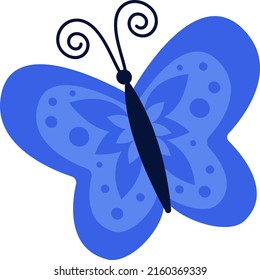 Bright illustration of a blue butterfly on a white background, vector insert, logo idea, coloring pages, magazines, printing on clothes, advertising. Beautiful butterfly illustration.