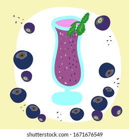 bright illustration of a blueberry smoothie in a glass Cup. Hand-drawn picture in cartoon style. Isolated elements.