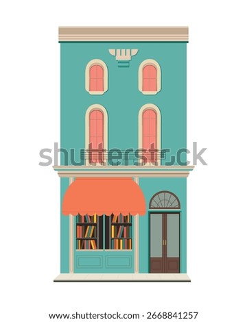 Bright illustration of bookstore with turquoise facade wall, orange awning and arched windows. stylish minimalist vector graphics.