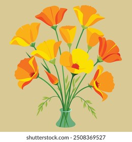 Bright illustration of a bouquet with yellow and orange California poppies.