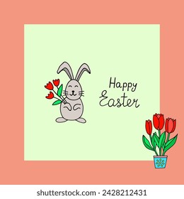 Bright illustration with a bunny and tulips. Postcard. Easter