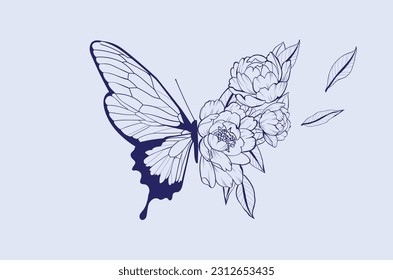 Bright illustration with a butterfly and flowers on a blue background. 